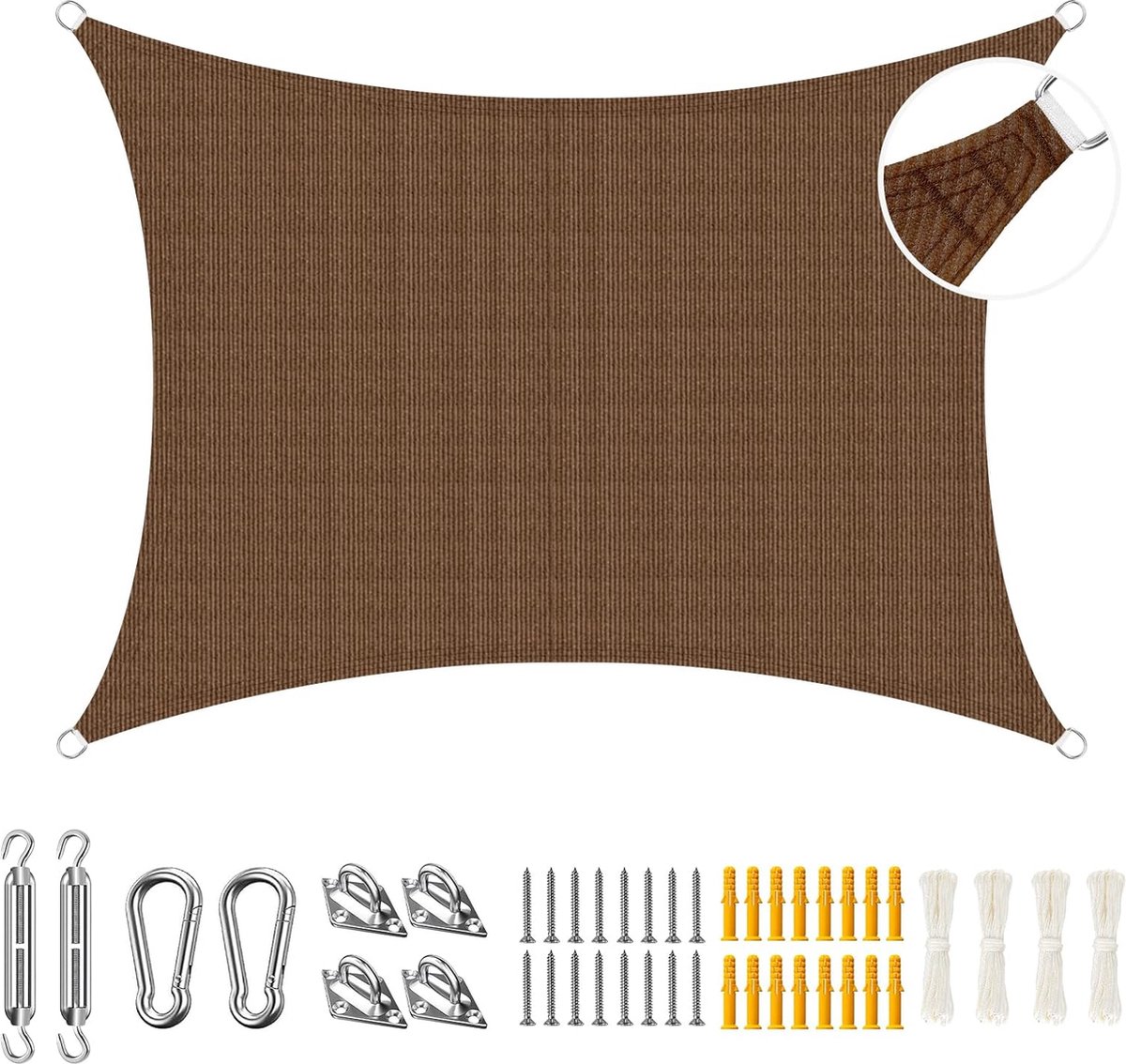 Luifel 3 6 x 4 8 m zonwering rechthoekig doek met RVS bevestigingsset van HDPE-doek scheurvast lucht- en waterdoorlatend 95% UV-bescherming voor terras balkon bruin