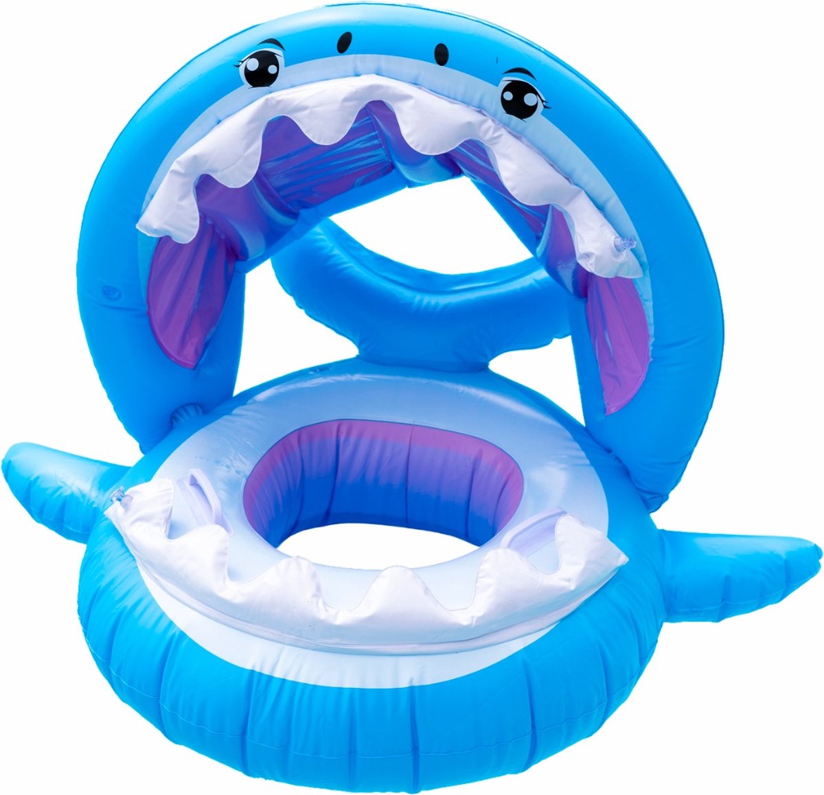 Playos® - Zwemband Haai - met Zitje - Zonnescherm - Blauw - Peuter en Baby - Zwemring - Babyzwemband - Babyfloat - Zwemtrainer - Opblaasbaar - Zwemstoel - Opblaasbare Rubberboot - Rubber Bootje