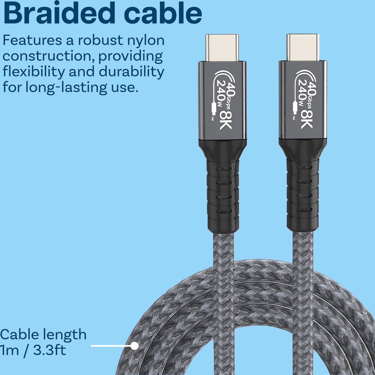 USB4 USB-C kabel 1m 240W snel opladen 40Gbps data 8K@60Hz schermuitvoer gevlochten duurzaam - Afbeelding 3