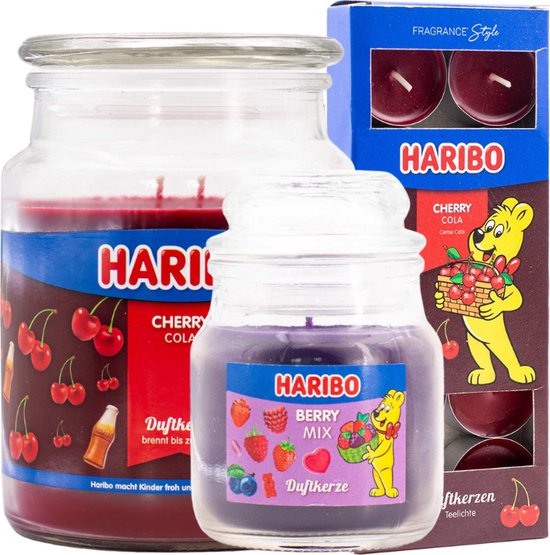 Haribo kaarsen set 3 - 1x groot Cola 1x klein Aardbei 1x theelicht cola