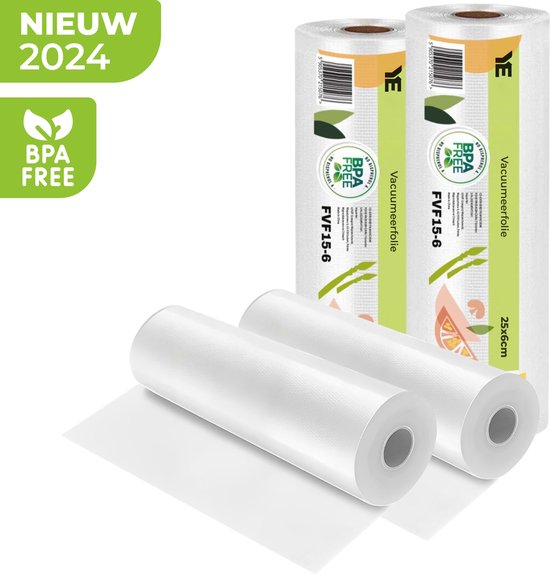 Vacuumrollen 25 x 600 cm - Geschikt voor Diepvries, Magnetron en Sous Vide Koken - BPA-Vrij - Drielaags Vacuum Rollen - Vacuumfolie Rollen - 2 Stuks