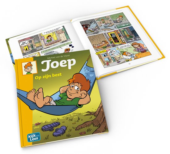 Boek 'Joep Op zijn best' met stripverhalen en tekeningen van Joep die in een hangmat ligt.