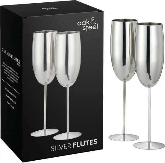 2 zilveren champagneglazen, 280 ml - zilveren Prosecco-glazen van roestvrij staal met geschenkdoos