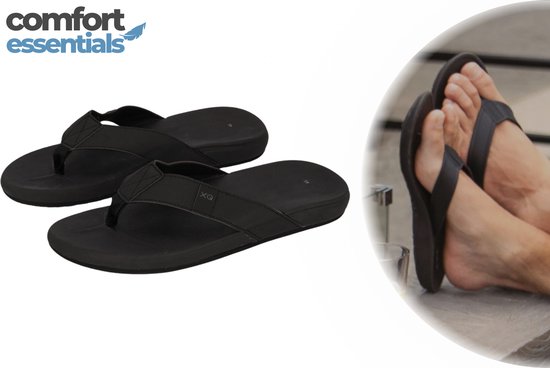 Comfort Essentials Slippers Heren – Zwart/Zwart – Maat 45 – Teenslippers – Slippers Met Ergonomisch Voetbed