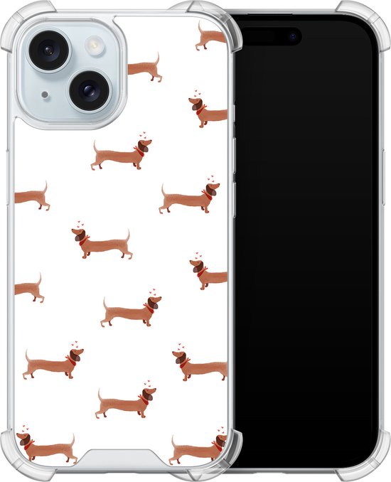 Coque antichoc - Convient pour iPhone 15 - Teckels - Coque Extra résistante - TPU/polycarbonate - Impression / Illustration - Marron, Transparent