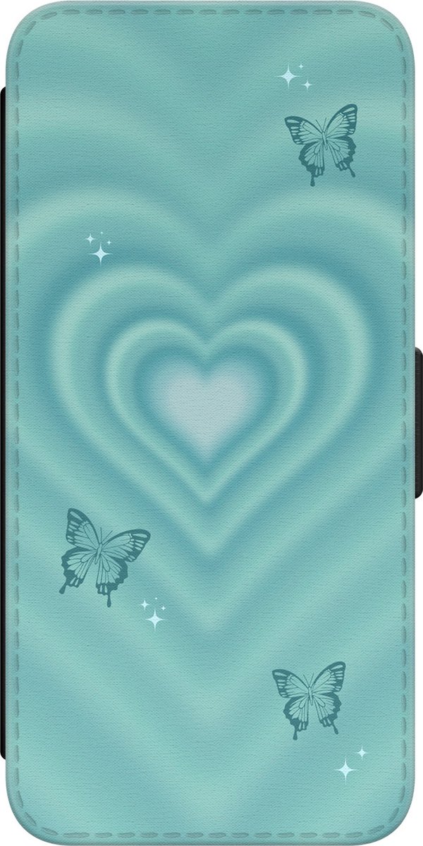 Leuke Telefoonhoesjes - Hoesje geschikt voor Samsung Galaxy S22 - Retro hart vlinder - Wallet Case met pasjeshouder - Print / Illustratie - Blauw