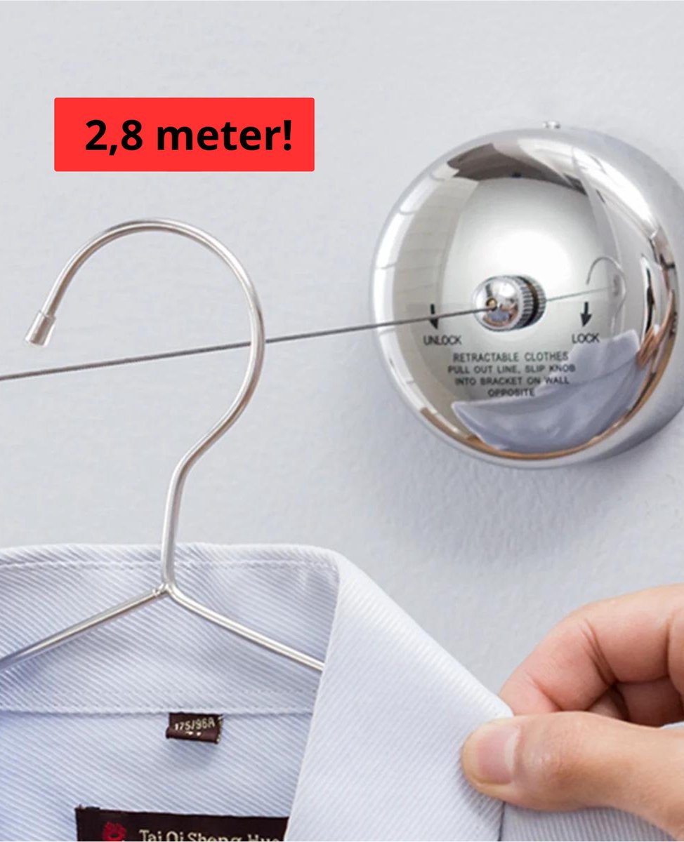 Goedkoopste Waslijn uittrekbaar - Waslijndraad - 2,8 meter - Wasdraad - Uittrekbare Waslijn - Roldrooglijn - automatische waslijn - wanddroogrek - droogrek