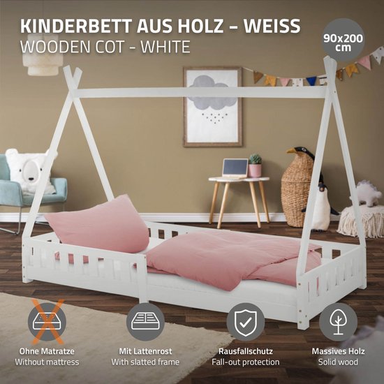 Kinderbed met uitvalbeveiliging en lattenbodem 90x200 cm wit grenen hout ML-Design