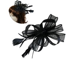 Klassiek Zwart Handgemaakte Fascinator Bloem, Veertjes en Gaas- Mini Hoedje haarfashion | Smart Casual| Gala |TeaParty| Prinsjesdag| Cocktail| Carnaval| Halloween haarclip