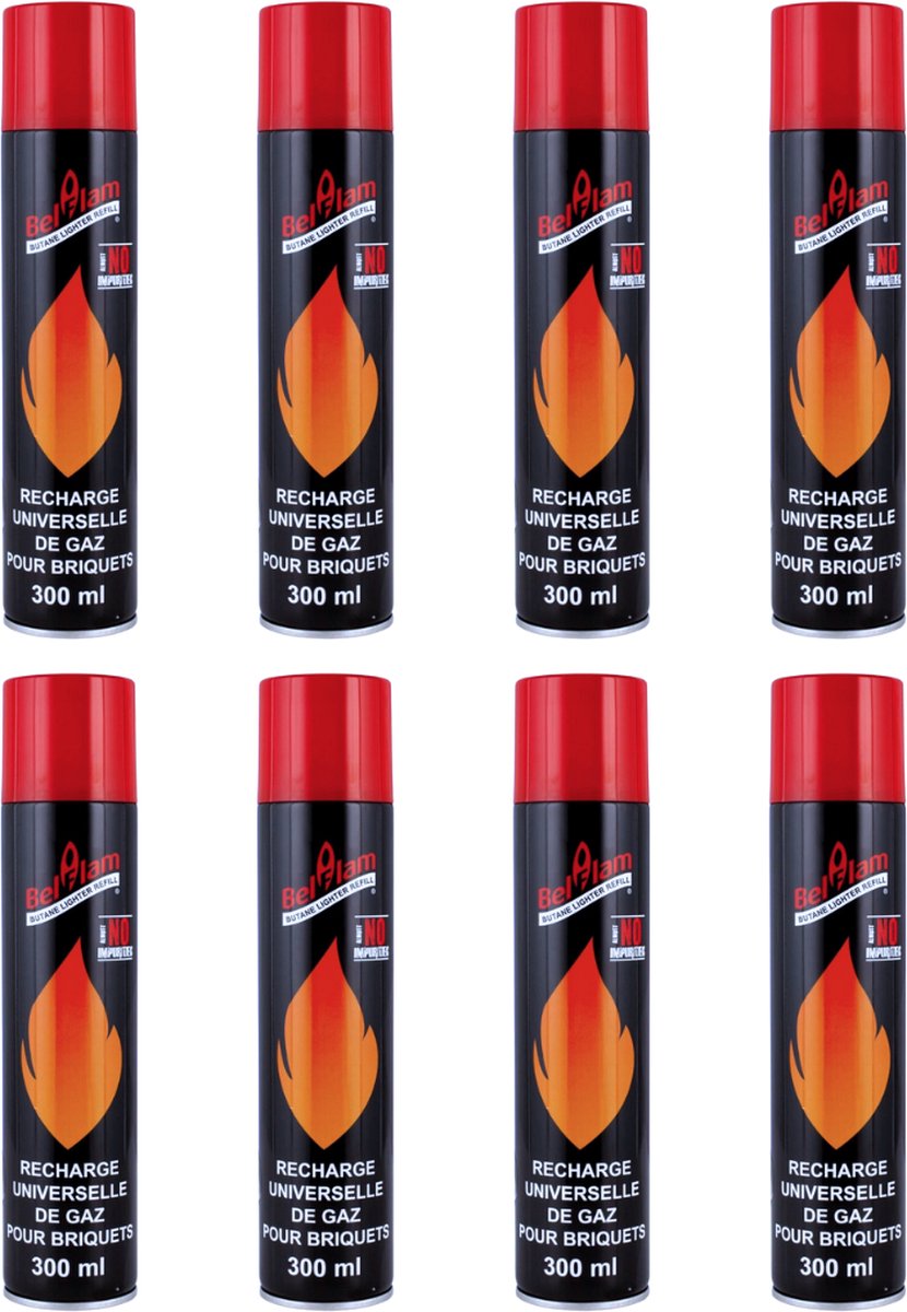 8x Stuks Aansteker gas - Navulbaar - 2400 ml - Butaan gas - Om bij te vullen - Hervulbaar - Gasvulling - Gasfles - Vuurwerk - Oud en nieuw - Belflam
