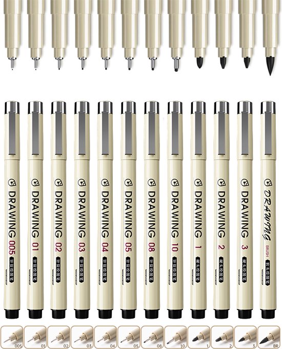 Ainy - Micro Fineliners Twaalf watervast - set van 12 zwart fineliner | fine liner kawaii manga / anime tekenen op schetsboek | bullet journal | handlettering | Pigment liner penselen | calligraphy pennen