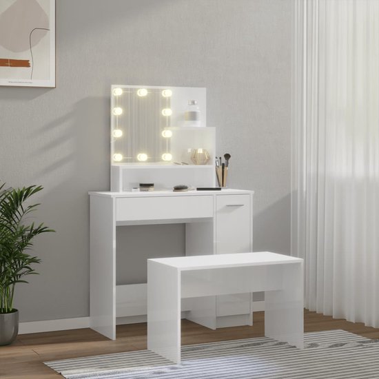 LBB Kaptafel met spiegel en verlichting - Make up tafel - Make up - Toilettafel -Met lades - Bankje - 86,5 x 35 x 136 cm - Hoogglans wit