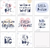 Geboortekaarten - Set van 8 verschillende vierkante kaarten - Gefeliciteerd / felicitatie met geboorte jongen, meisje - Leuke Post - Met enveloppen - G6
