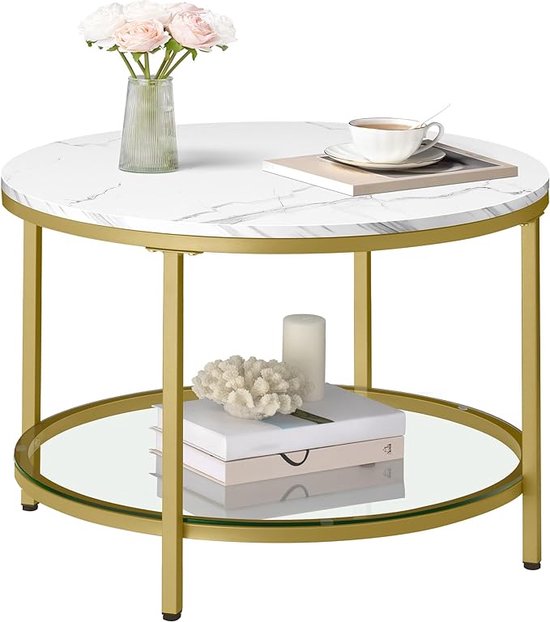 Salontafel, woonkamertafel, voor woonkamer, met glazen blad, veel opbergruimte, eenvoudige montage, moderne stijl, marmeren wit-licht goud - Vasagle LCT072W59
