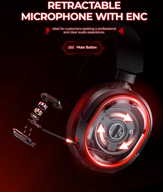 Kofire UG-08S 2.4Ghz PS4 Draadloze Gaming headset - 7.1 Surround Sound - met Retractable ENC microfoon - Over-ear PS5 Koptelefoon - Multiplatform - Zwart rood - kofire