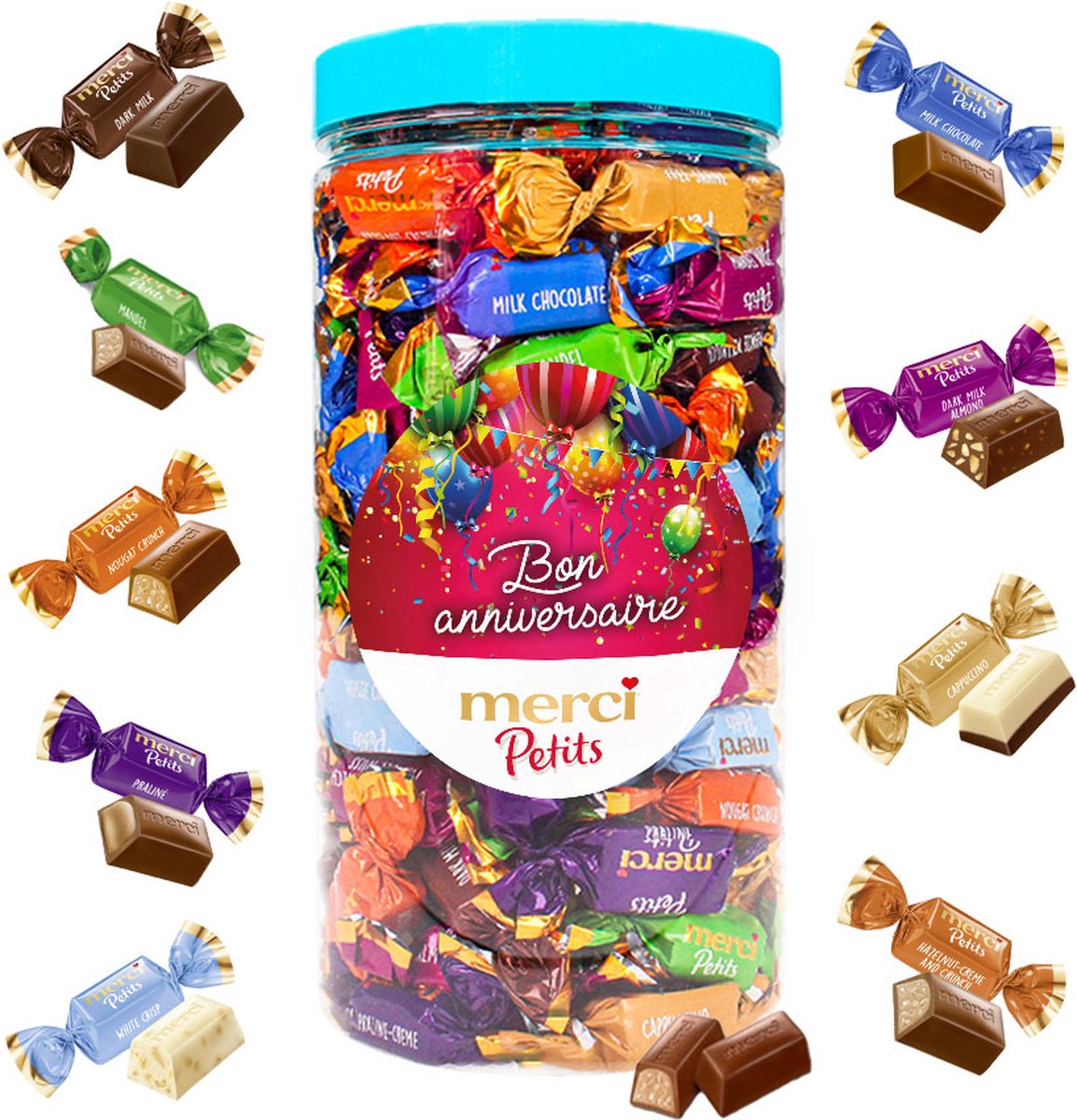 merci Petits bonbons de chocolat - Bon Anniversaire (design 2) - verjaardagscadeau - 7 smaken - 700g