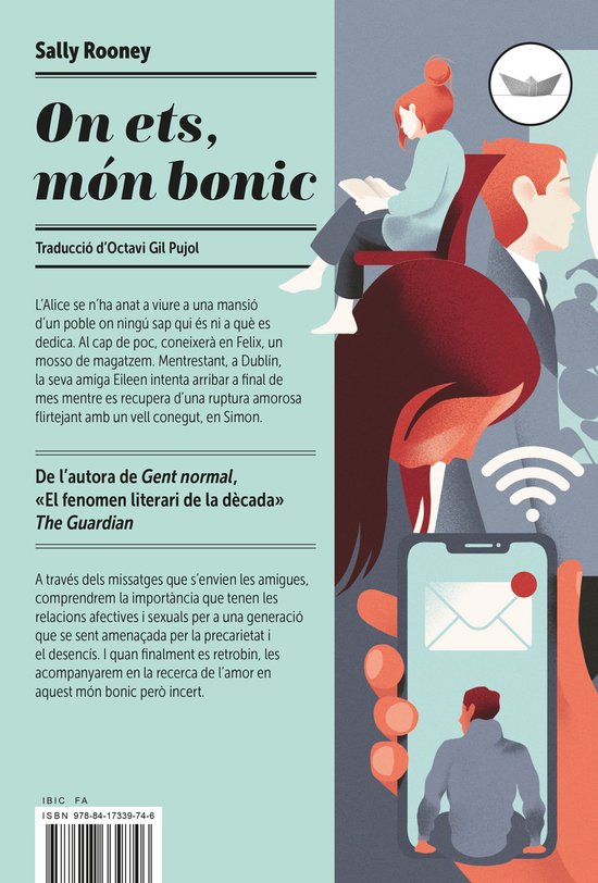 Boekomslag met tekst 'On ets, món bonic' door Sally Rooney. Illustratie van twee personen die lezen en appen, met een smartphone-icoon.