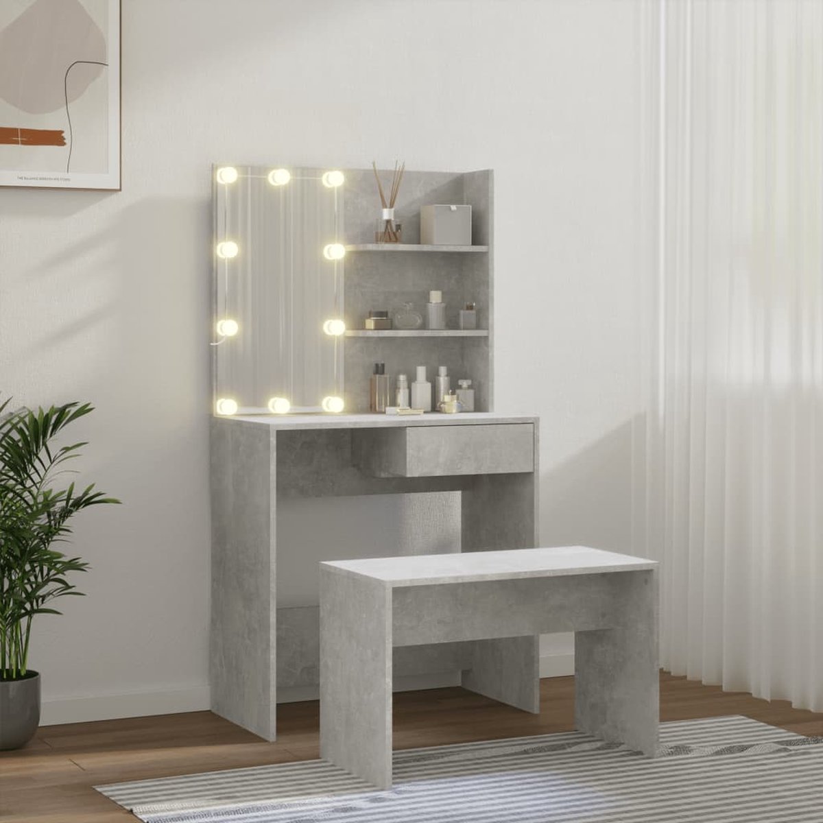 Kaptafel met spiegel en verlichting - Make up tafel - Make up - Toilettafel -Met lades - Bankje - 74,5 x 40 x 141 cm - Betongrijs