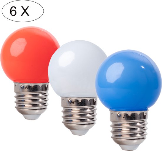 Set van 6 led lampen in kleuren Rood Wit Blauw, 1W - E27 Polycarbonaat kap - IP21 - Koningsdag