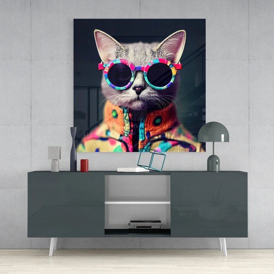 Glasschilderij - Dieren - Cool - Kat - Wall Art - Wanddecoratie - 80x80 cm - 4 mm