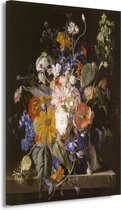 Bloemstilleven en slakken op een stenen richel - Jan van Huysum wanddecoratie - Bloemen schilderijen - Canvas schilderij Natuur - Schilderijen op canvas industrieel - Canvas schilderij woonkamer - Kantoor decoratie 100x150 cm