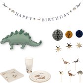 Konges Sløjd Happy Birthday kit - Assiettes, tasses, ballon, guirlande, serviettes, cake topper, pompon - Dino