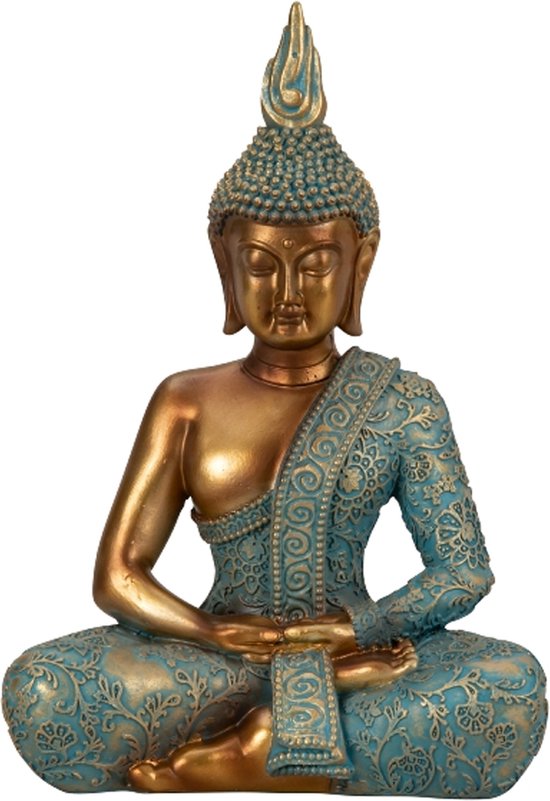 Boeddha beeld Shaman - binnen/buiten - kunststeen - goud/jade - 17 x 25 cm