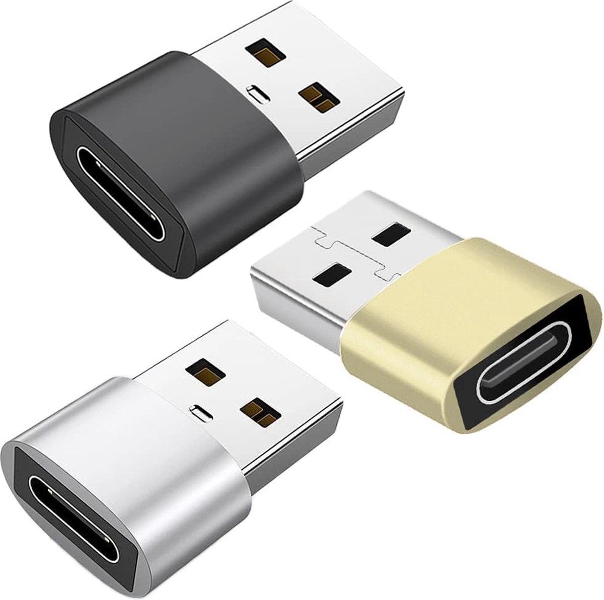 DiverseGoods USB naar USB C adapter 3 stuks, USB C-bus naar USB-stekker OTG adapter, Geschikt voor iPhone 11, 12, 13 Pro, Samsung Galaxy S22, S21, S20, MacBook, Laptops en Meer (Zwart Goud Zilver)