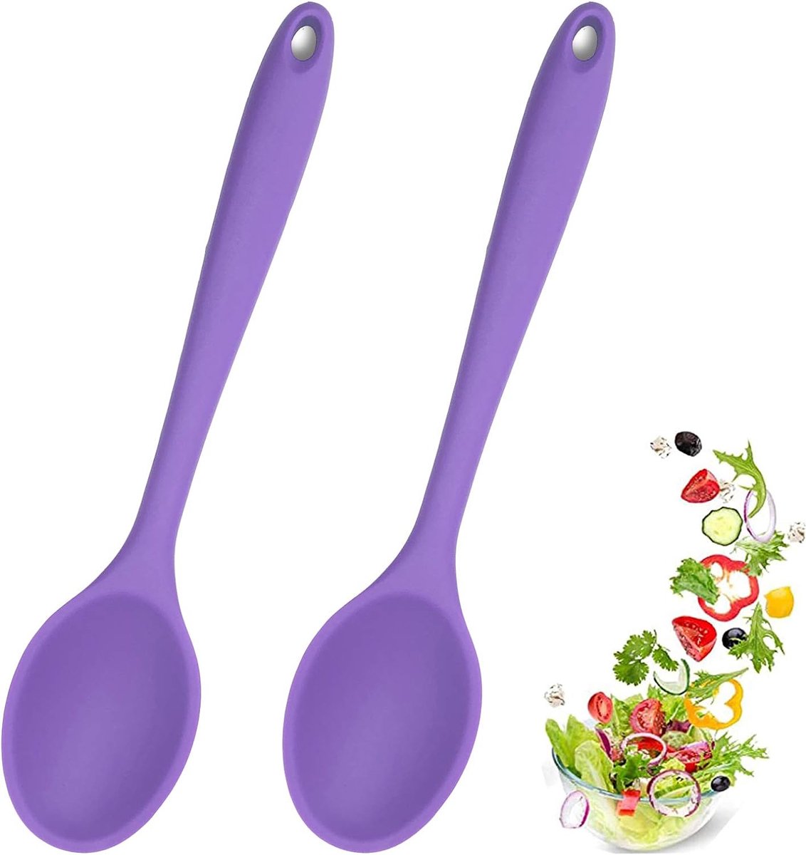 Set van 2 siliconen kooklepels, kooklepels met antiaanbaklaag, plastic serveerlepels, hygiënisch ontwerp, plastic kooklepels, kookgerei, menglepels voor keuken, koken, bakken, roeren (paars)