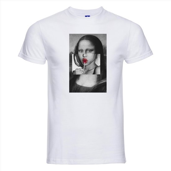 Wit Russell T-shirt met opdruk van Mona Lisa met lolly.