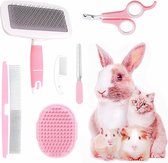 Verzorgingsset voor kleine dieren met borstel voor het afwerpen van huisdieren, badmassagehandschoen, kam voor het verzorgen van huisdieren, nagelknipper voor konijnen cavia puppy kat kitten hamster fret (roze)
