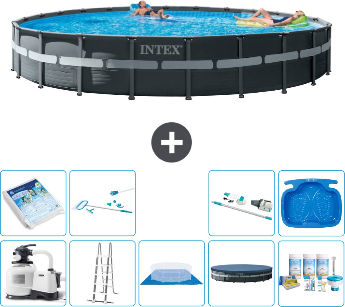 Intex Rond Ultra XTR Frame Zwembad - 732 x 132 cm - Inclusief Pomp - Ladder - Grondzeil - Afdekzeil Onderhoudspakket - Glasparels - Schoonmaakset - Stofzuiger - Voetenbad