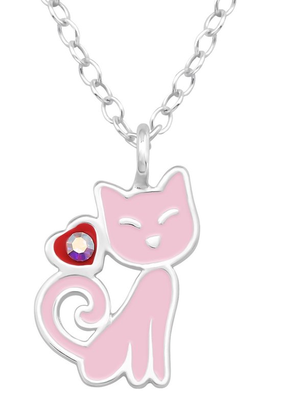 Joy|S - Zilveren kat / poes hanger - inclusief ketting 39 cm (extra oogje bij 36 cm) - roze met rood hartje