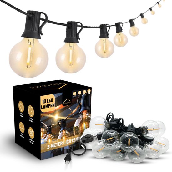 Homezie Lichtsnoer | 3 meter met 10 kunststof LED bulbs | Inclusief dimmer | Warm wit | Waterdicht | Koppelbaar & Dimbaar