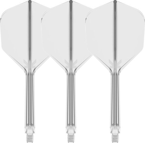 Drie doorschijnende dartflights met een K-logo, op een witte achtergrond.