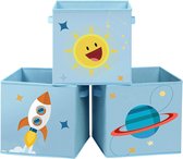 Opbergdoos, set van 3, speelgoedorganizer, 30 x 30 x 30 cm, vouwdoos, stoffen doos met handgrepen, voor kinderkamer, speelkamer, met ruimtemotieven, blauw RFB001B03