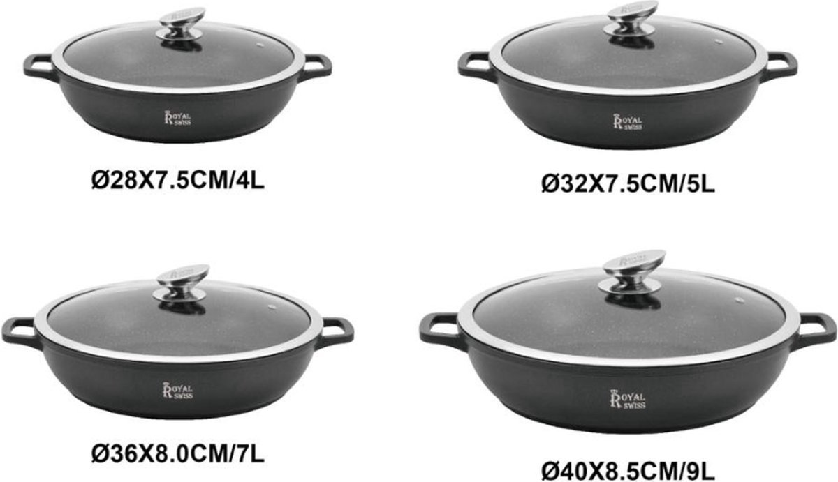Royal Swiss Inductie Kookpot 40 cm 9 L - Braadpan met Antiaanbaklaag en Steencoating Glazen Deksel