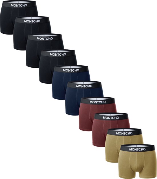 MONTCHO - Essence Series - Boxershort Heren - Onderbroeken heren - Boxershorts - Heren ondergoed - 10 Pack (4 Zwart - 2 Navy - 2 Bordeaux - 2 Kaki) - Heren - Maat XL