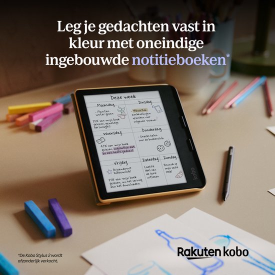 Kobo e-reader met weekplanner in kleur. Pen ligt ernaast. Kleurrijke stiften.