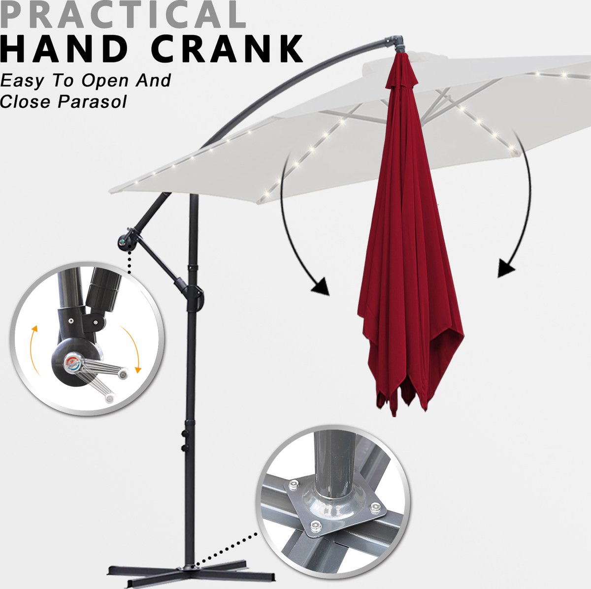 Zweefparasol - Strandparasols - Balkonparasols - Solar LED parasol Waterdicht - Parasol - Parasols - Ø 350cm - 3.5m - Tuinparasol - Zonne-energie - Rood- Draai- en Kantelbaar - 360° draaibaar - Duurzame Zweefparasol - Met voet – foto 3