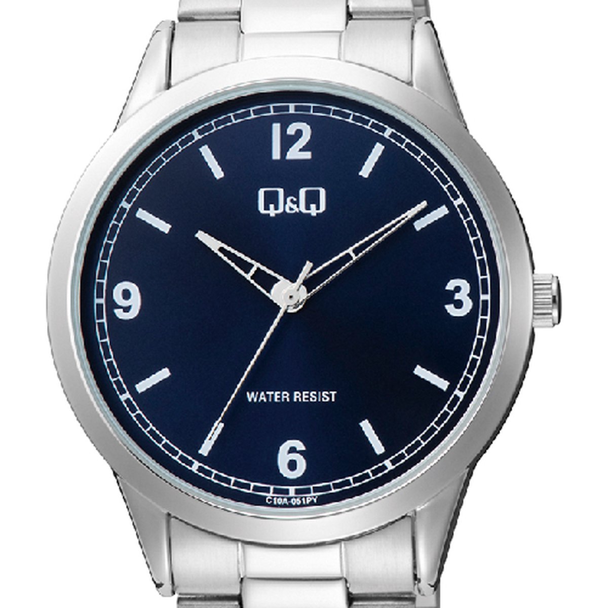 QQ C10A-051PY - Horloge - Analoog - Heren - Mannen - stalen band - Rond - Metaal - Cijfers - Streepjes - Zilverkleurig - DonkerBlauw