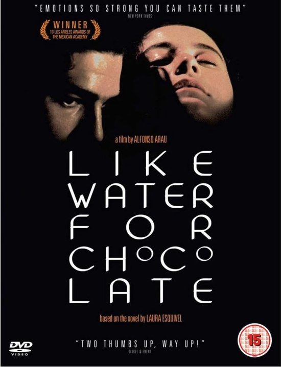 Filmposter 'Like Water For Chocolate' met twee gezichten en de titel in grote letters.