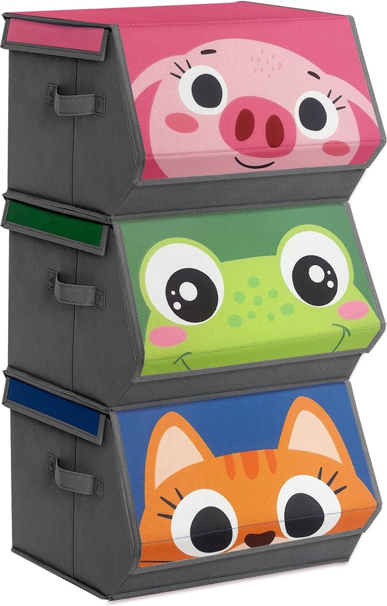 Set van 3 stapelbare opbergdozen met deksels, cartoon opbergdozen speelgoeddoos met klittenbandsluiting opvouwbare stoffen dozen handgrepen voor jongens meisjes kinderkamer (roze, groen, blauw)