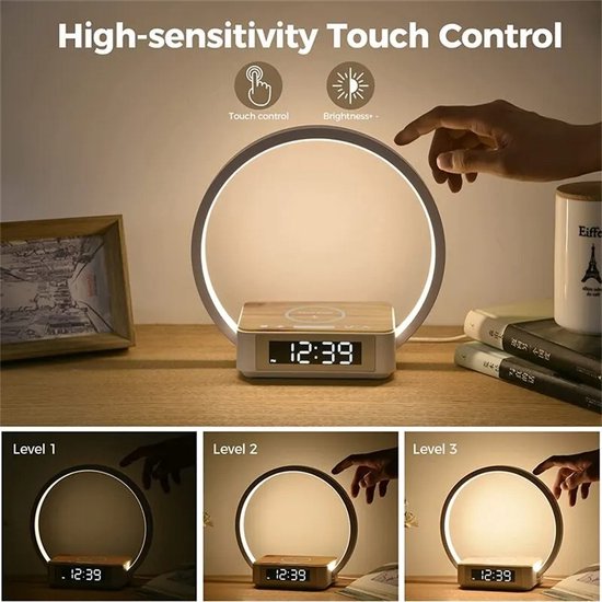 Foto: Wake up light alarm digitale wekker touch bediening wireless charger draadloos opladen wit