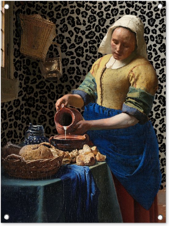 Tableau de jardin Melkmeisje - Art - Imprimé panthère - Vermeer - Peinture - Maîtres anciens - 60x80 cm - Affiche de jardin - Toile de jardin - Affiche d'extérieur
