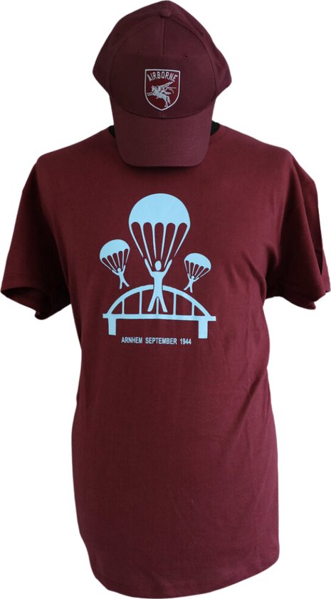 Foto: Airborne t shirt maroon rood parachute brug arnhem maat xl volwassen shirt mannen airborne