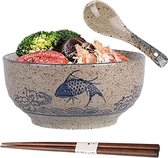 Set de Kom Fenêtres , bol à soupe japonais avec cuillère et Baguettes, bol Fenêtres en céramique, bol Fenêtres , Kom japonais, bols à soupe, pour pâtes Udon nouilles asiatiques 6,25 pouces