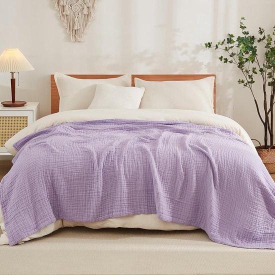 Emme Deken, mousseline-katoen, queensize, voor bed, zacht, groot, lichtgewicht, ademend, alle seizoenen, gaasdeken, lavendelkleur (paars), 229 x 229 cm