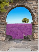 Tuinposter - Doorkijk - Lavendel - Bloemen - Boom - Paars - Tuin decoratie - 120x160 cm - Tuindoek - Tuindoeken voor buiten