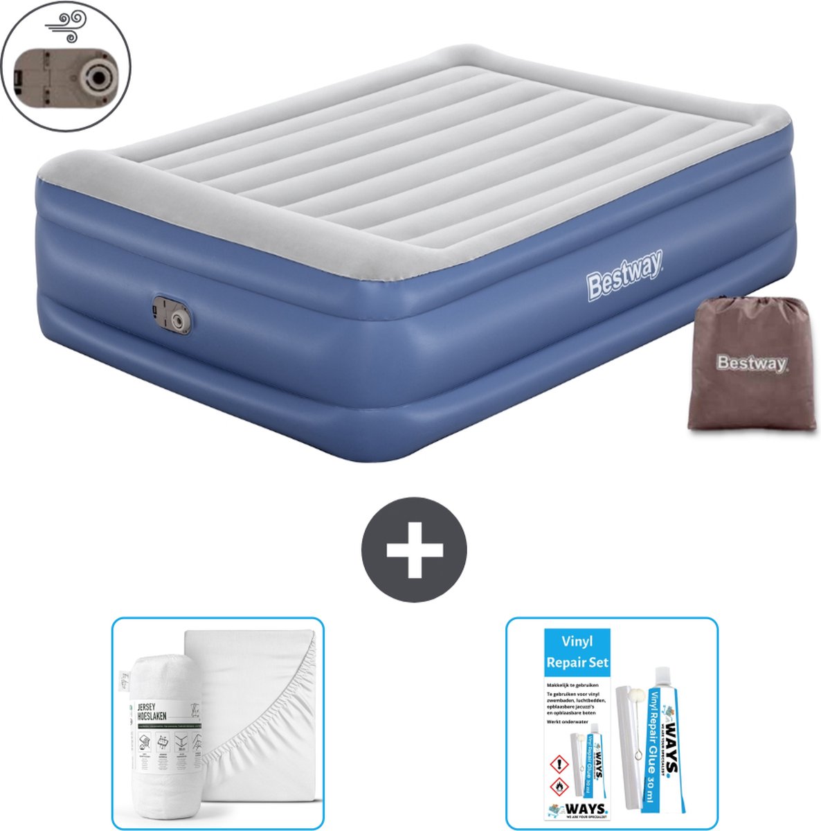 Bestway luchtbed - 2-Persoons - 152 x 203 x 56 cm - Grijs/Blauw - Inclusief pomp - Hoeslaken en Reparatieset